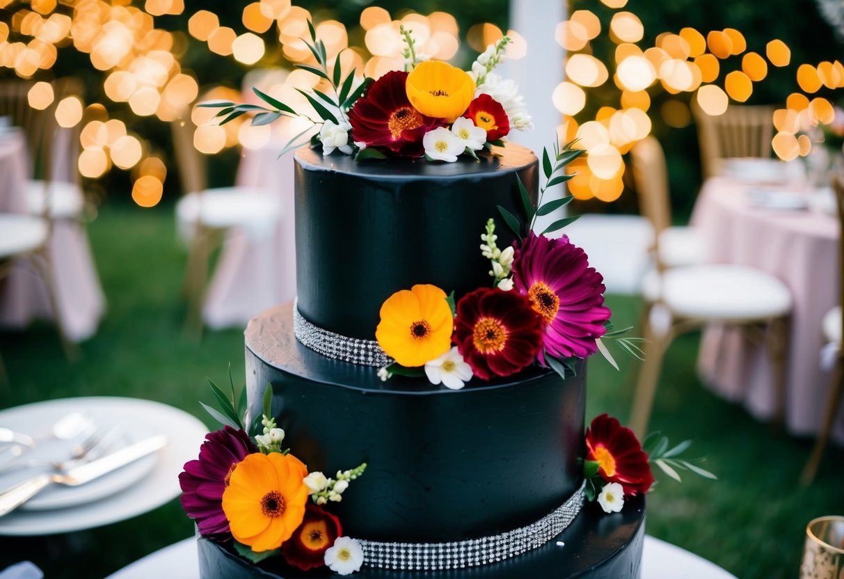 A black wedding cake with vibrant floral decorations