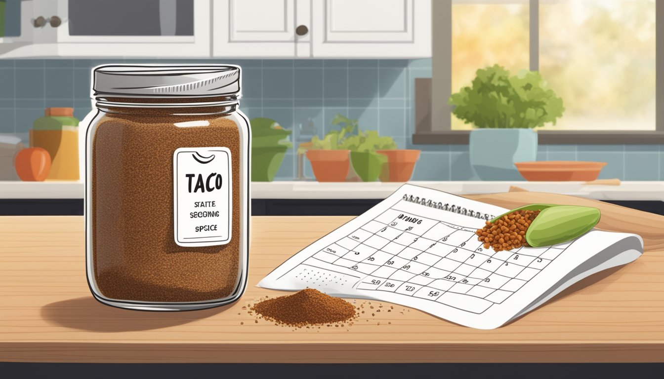 A jar of taco seasoning sits on a kitchen counter, next to a calendar with a date circled. The jar is open, and a faint aroma of spices lingers in the air