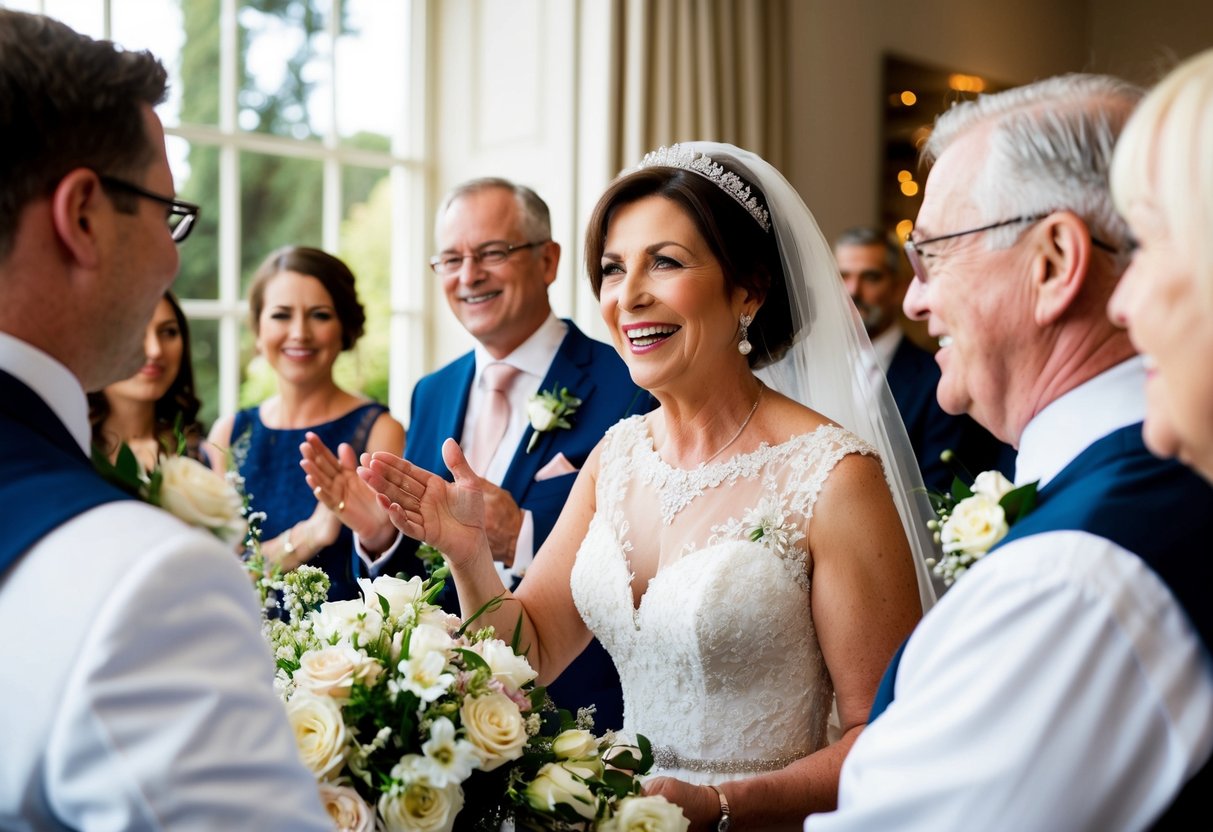 A beaming mother of the bride receives congratulations from wedding guests, surrounded by flowers and elegant decor