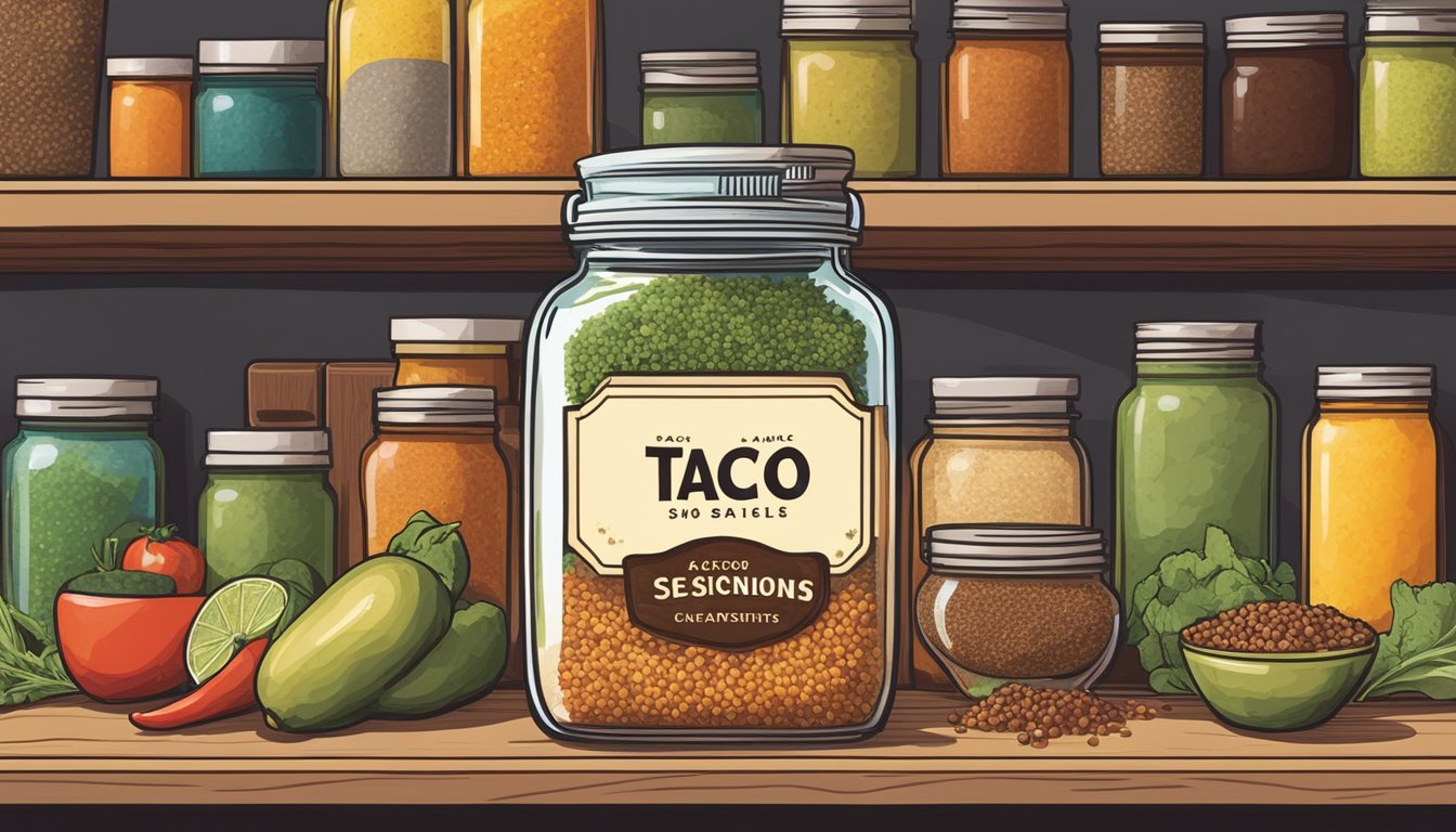 A jar of taco seasoning sits on a kitchen shelf, surrounded by other spices and condiments. The label is slightly faded, indicating it has been there for some time