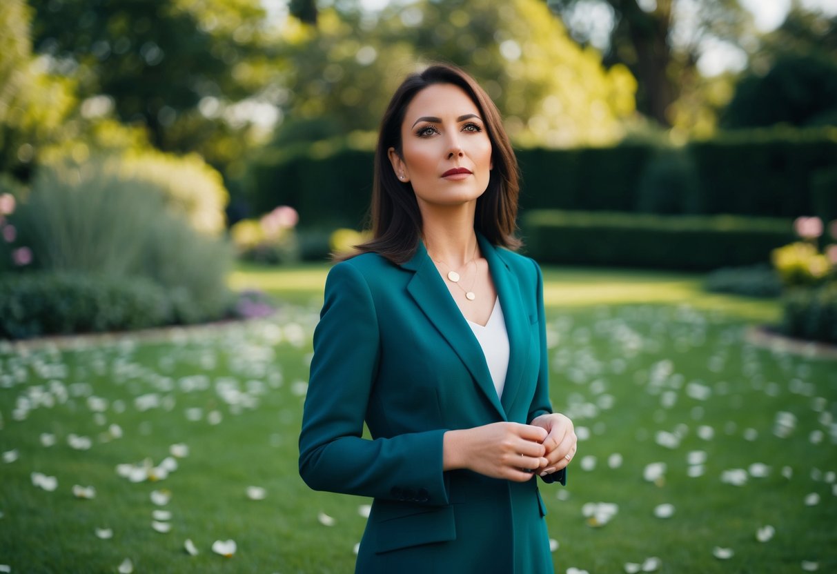 A woman standing alone, looking contemplative in a garden with scattered flower petals