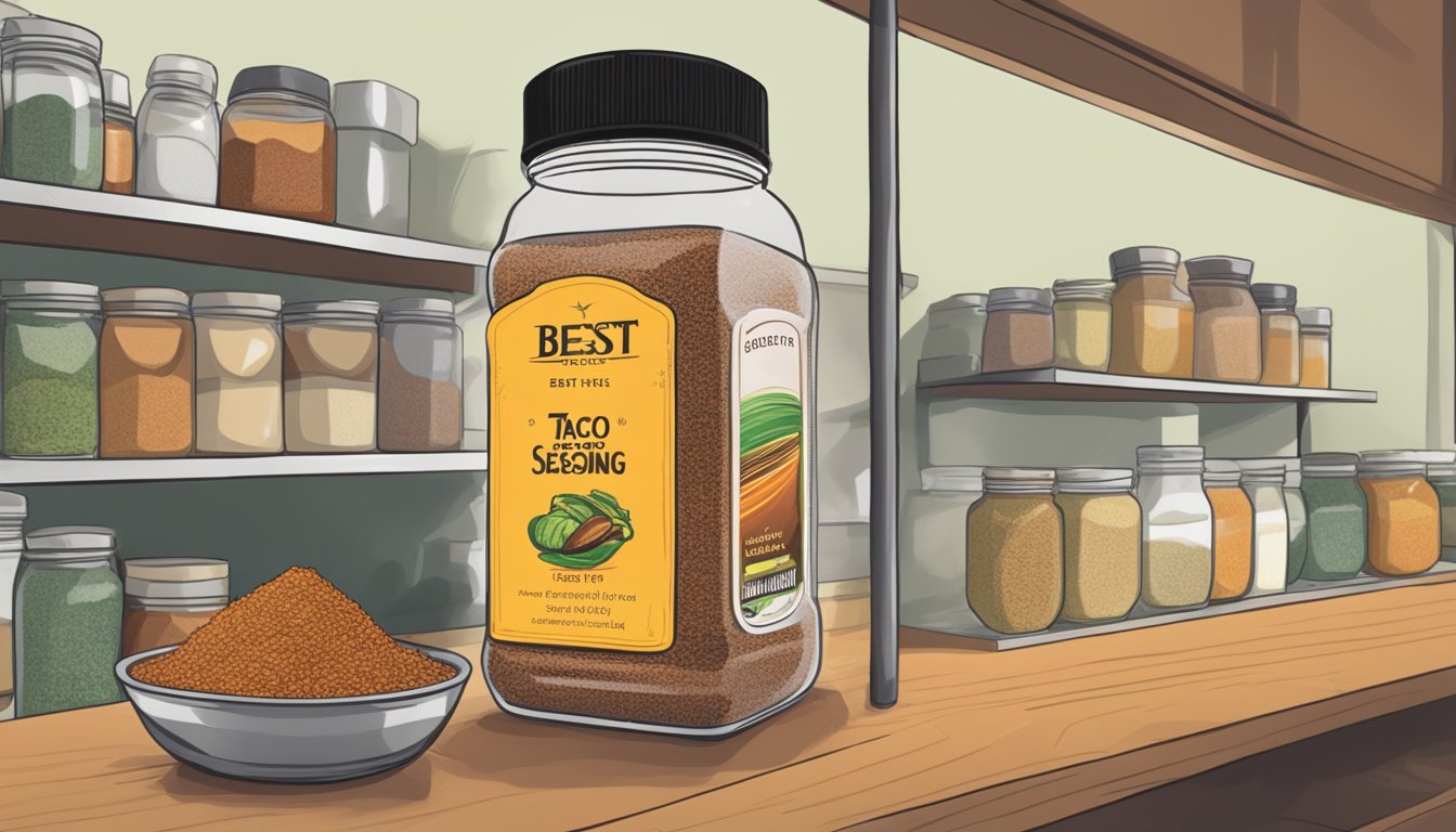 A jar of taco seasoning sits on a shelf next to other spices, with a "best by" date clearly visible