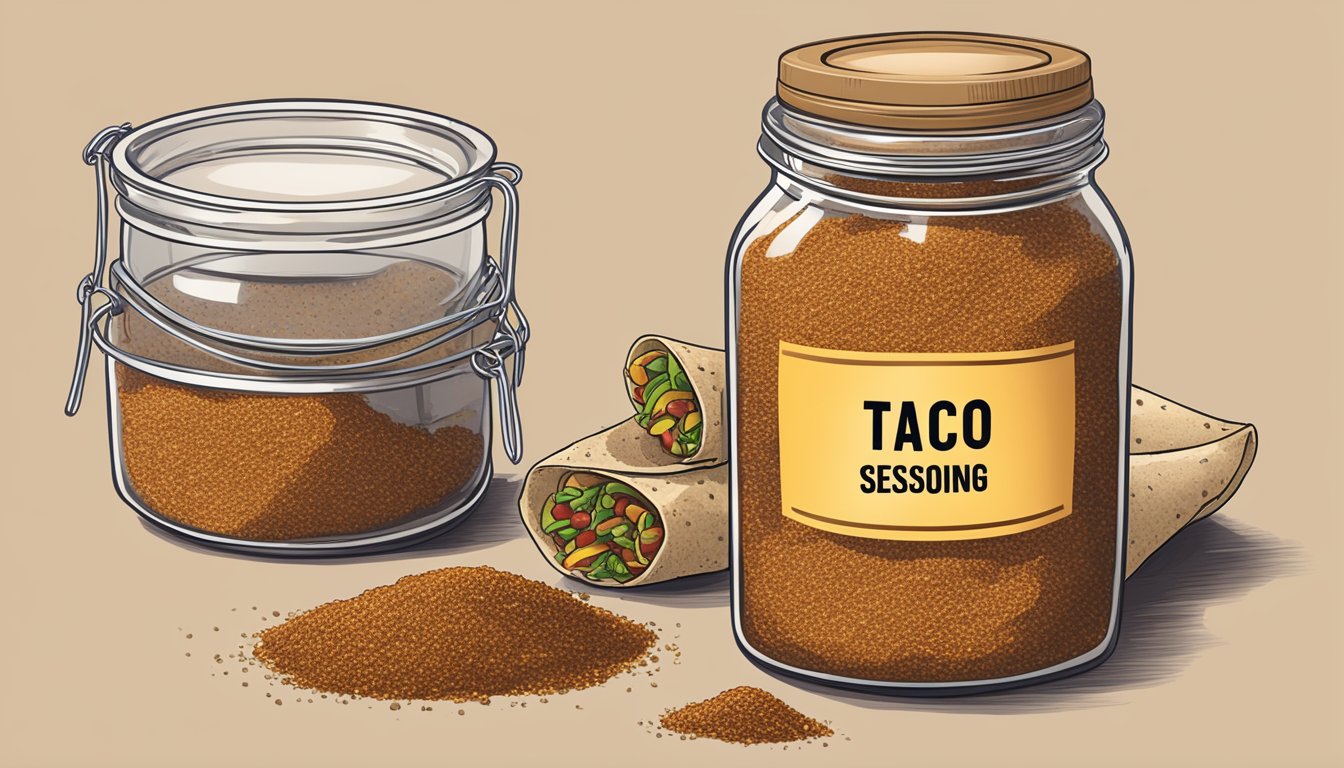 A jar of taco seasoning with a clear expiration date and a pile of spoiled tacos next to it