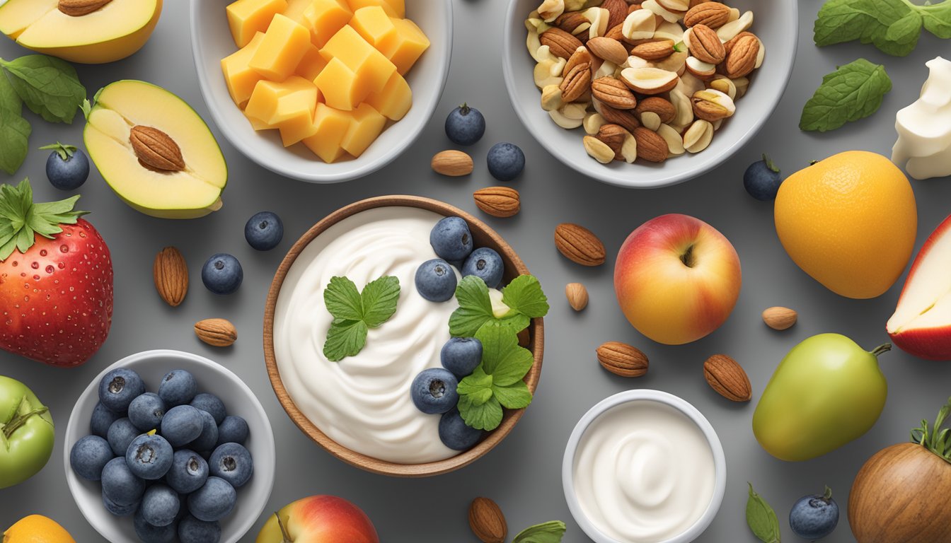 A table with bowls of Chobani and Fage yogurt surrounded by fresh fruits, vegetables, and nuts. A nutrition label and a list of health benefits are displayed next to each bowl