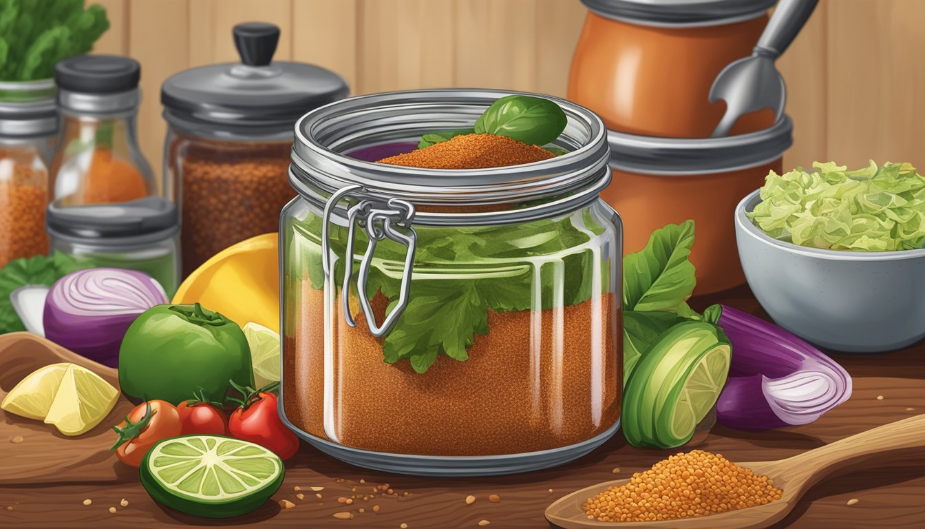 A jar of taco seasoning sits on a kitchen counter, surrounded by fresh ingredients and cooking utensils. The vibrant colors and enticing aroma suggest a commitment to maximizing flavor and quality