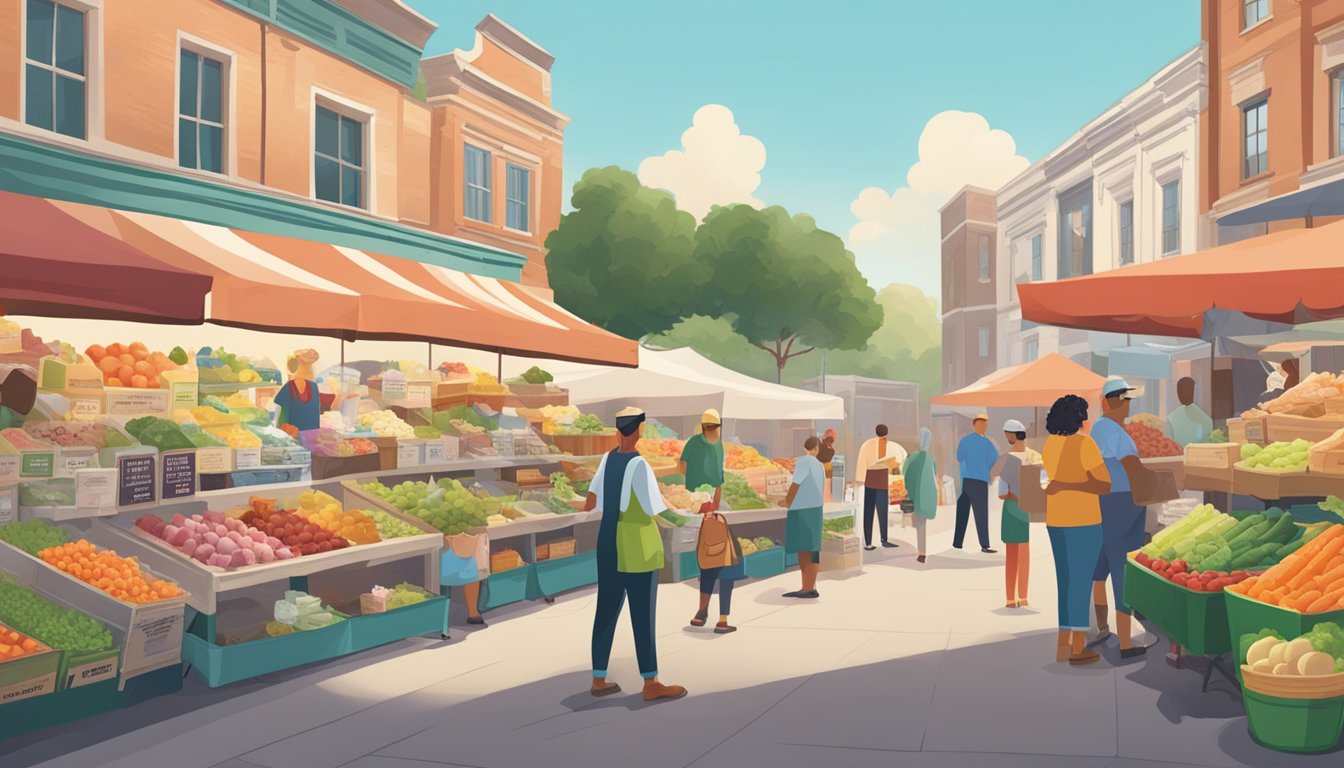 A bustling farmer's market with vendors showcasing fresh, organic ingredients, while two iconic ice cream brands stand side by side, emphasizing their commitment to quality sourcing