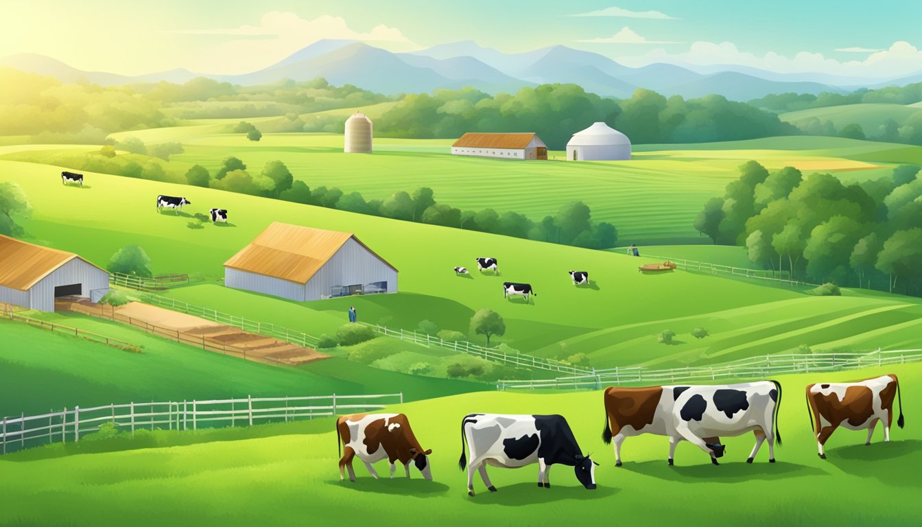 A lush green field with grazing cows, a sparkling clean dairy facility, and workers tending to the land and animals