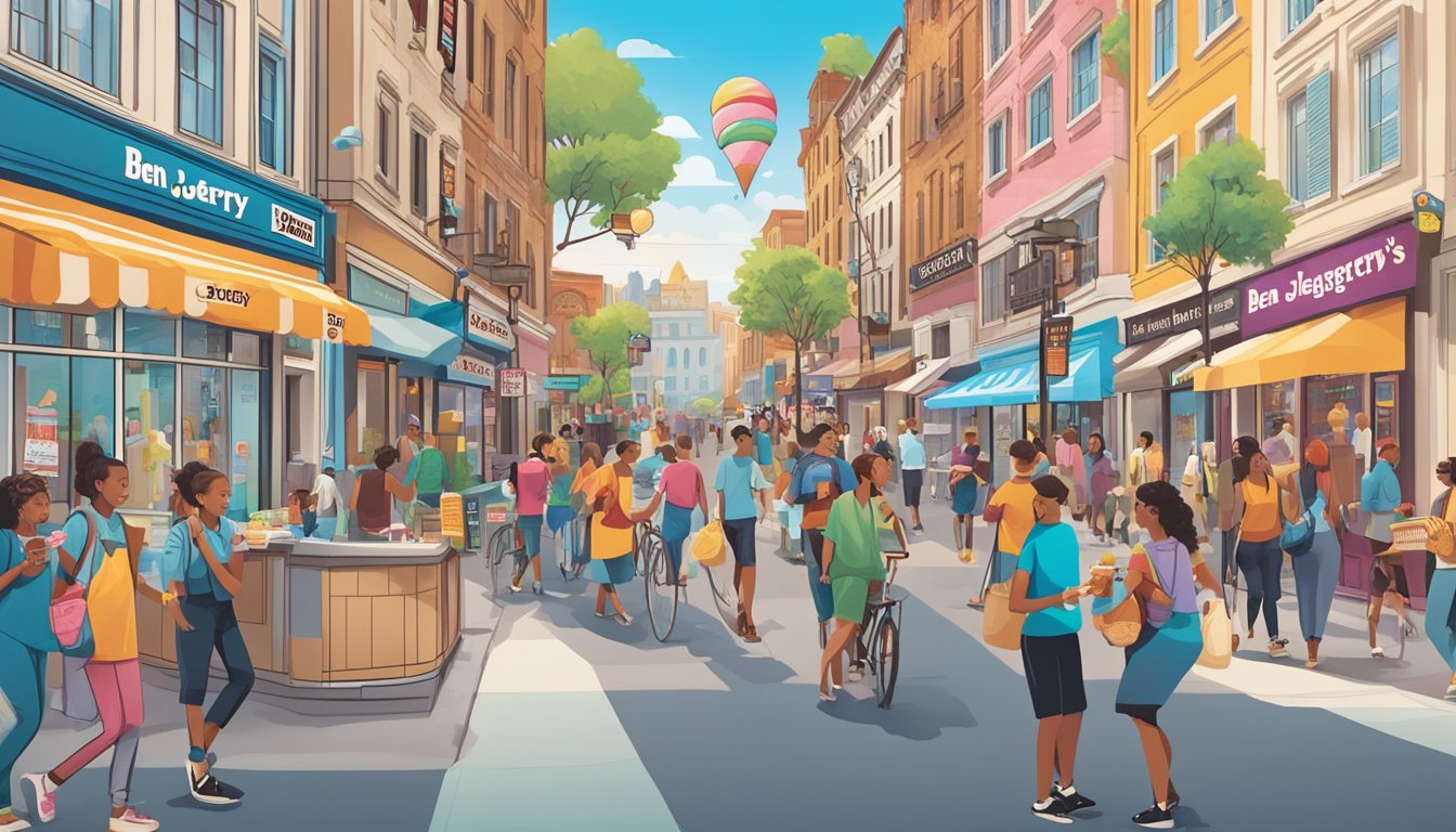 A bustling city street with people enjoying ice cream from Ben & Jerry's and Häagen-Dazs shops, each displaying their brand's unique philosophy and social impact through colorful, eye-catching signage