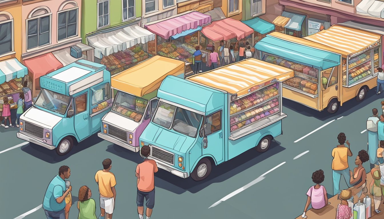 Two ice cream trucks parked side by side at a bustling market. Customers line up at each truck, comparing flavors and prices