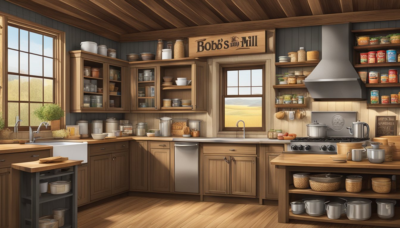 A rustic kitchen with shelves of oats and grains, Quaker Oats and Bob's Red Mill logos displayed prominently