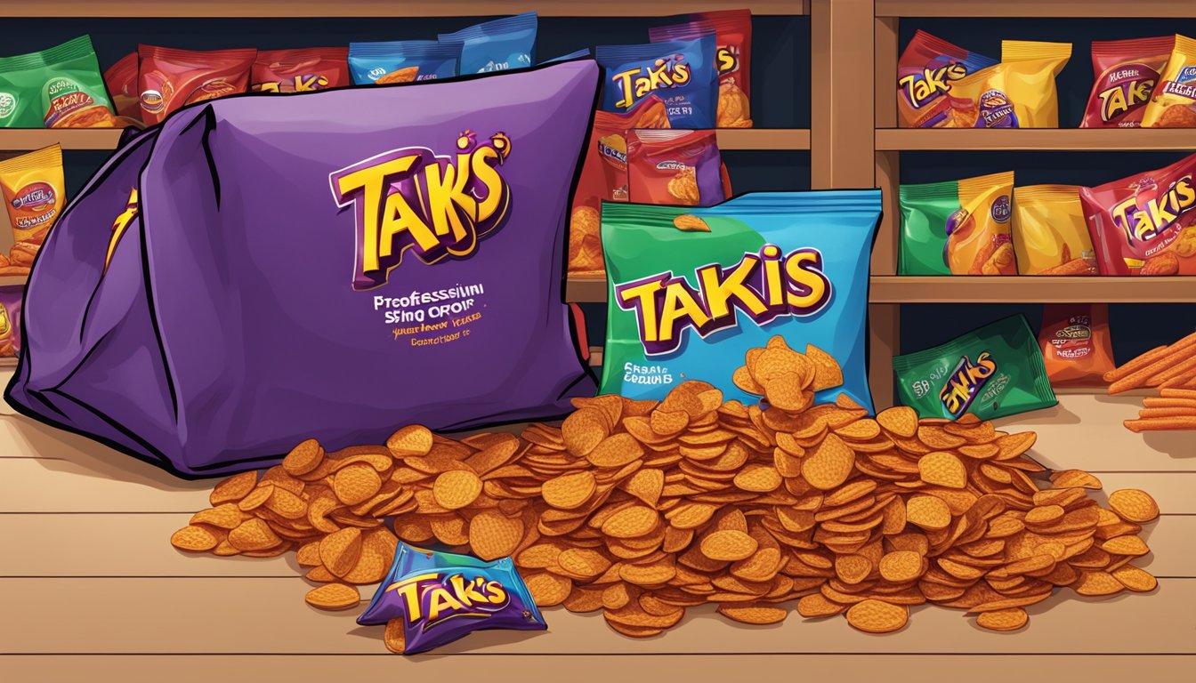 A bag of Takis sits on a shelf, surrounded by other snacks. The bag is partially open, with the spicy chips spilling out onto the surface