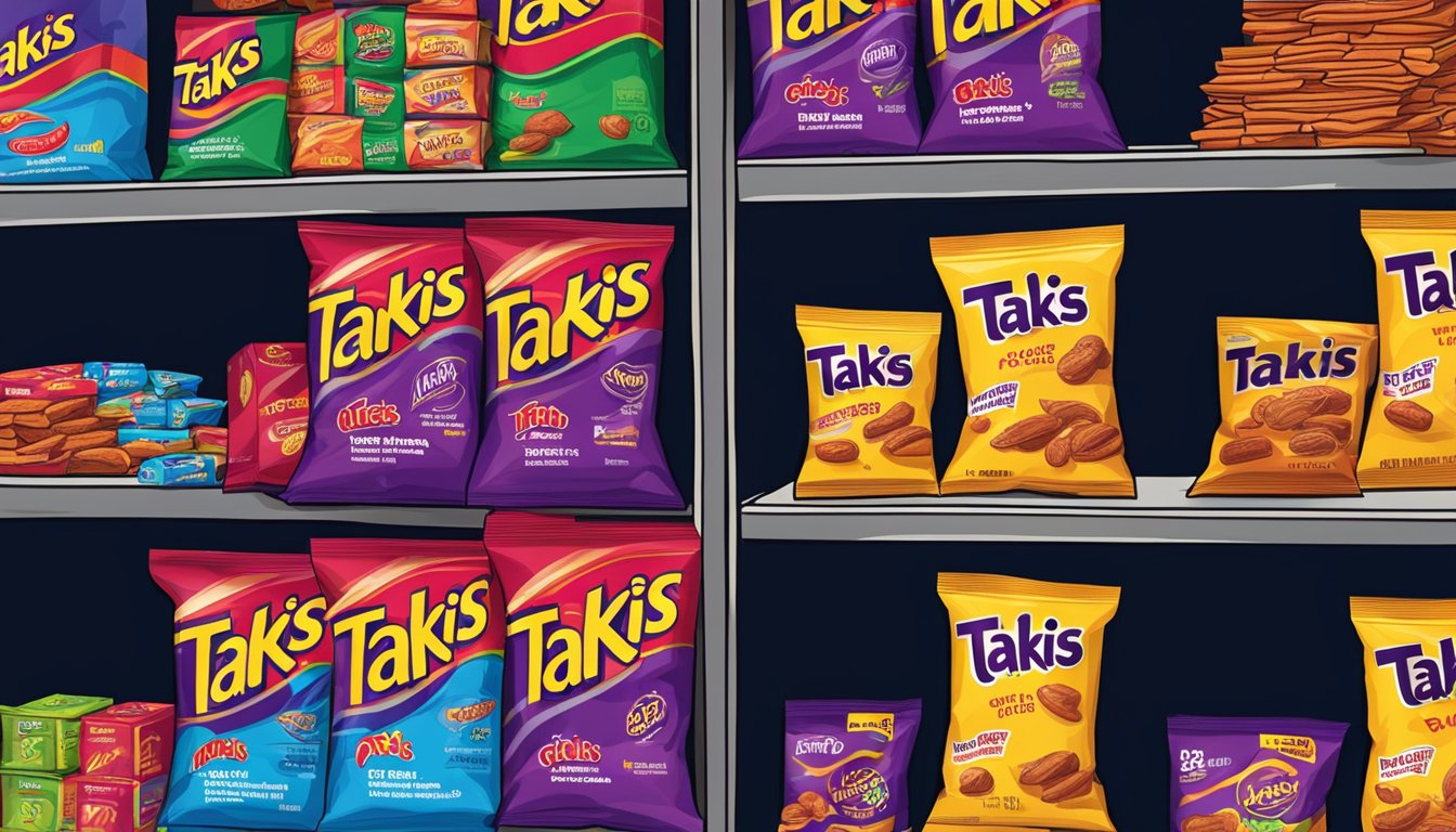 A bag of Takis sits on a shelf next to other snacks, with a "best by" date clearly visible