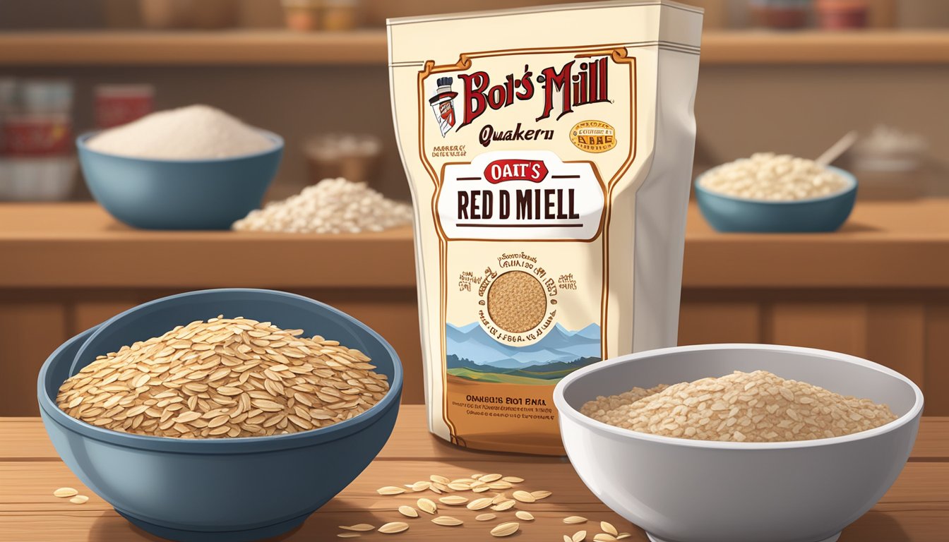 Two bowls of oats, one labeled Quaker Oats and the other labeled Bob's Red Mill, sit side by side on a wooden table, surrounded by various forms of oats such as flakes, flour, and whole grains