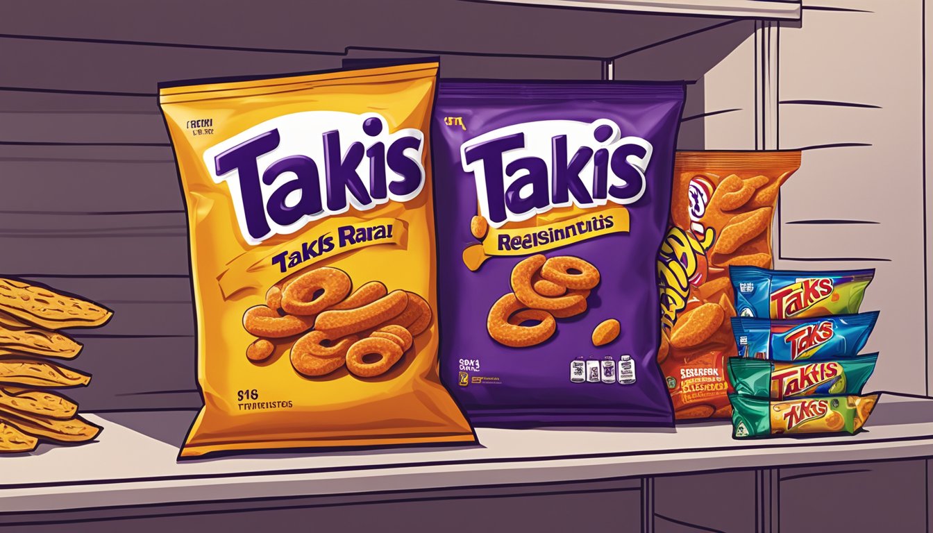 A sealed bag of Takis sits on a shelf next to other snacks in a dry pantry