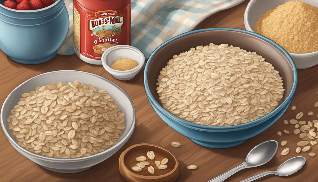 A table with two bowls of oatmeal, one labeled "Quaker Oats" and the other "Bob's Red Mill," surrounded by measuring cups and spoons