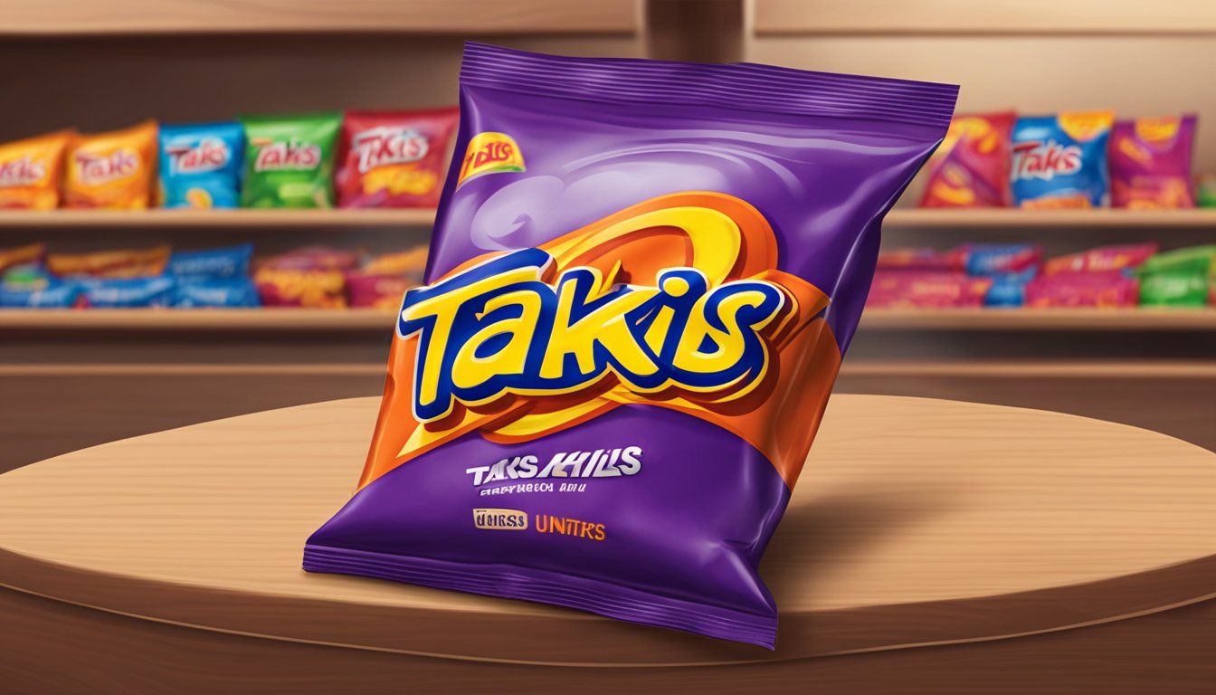 A bag of Takis sits on a shelf, unopened and untouched, with an expiration date printed on the packaging