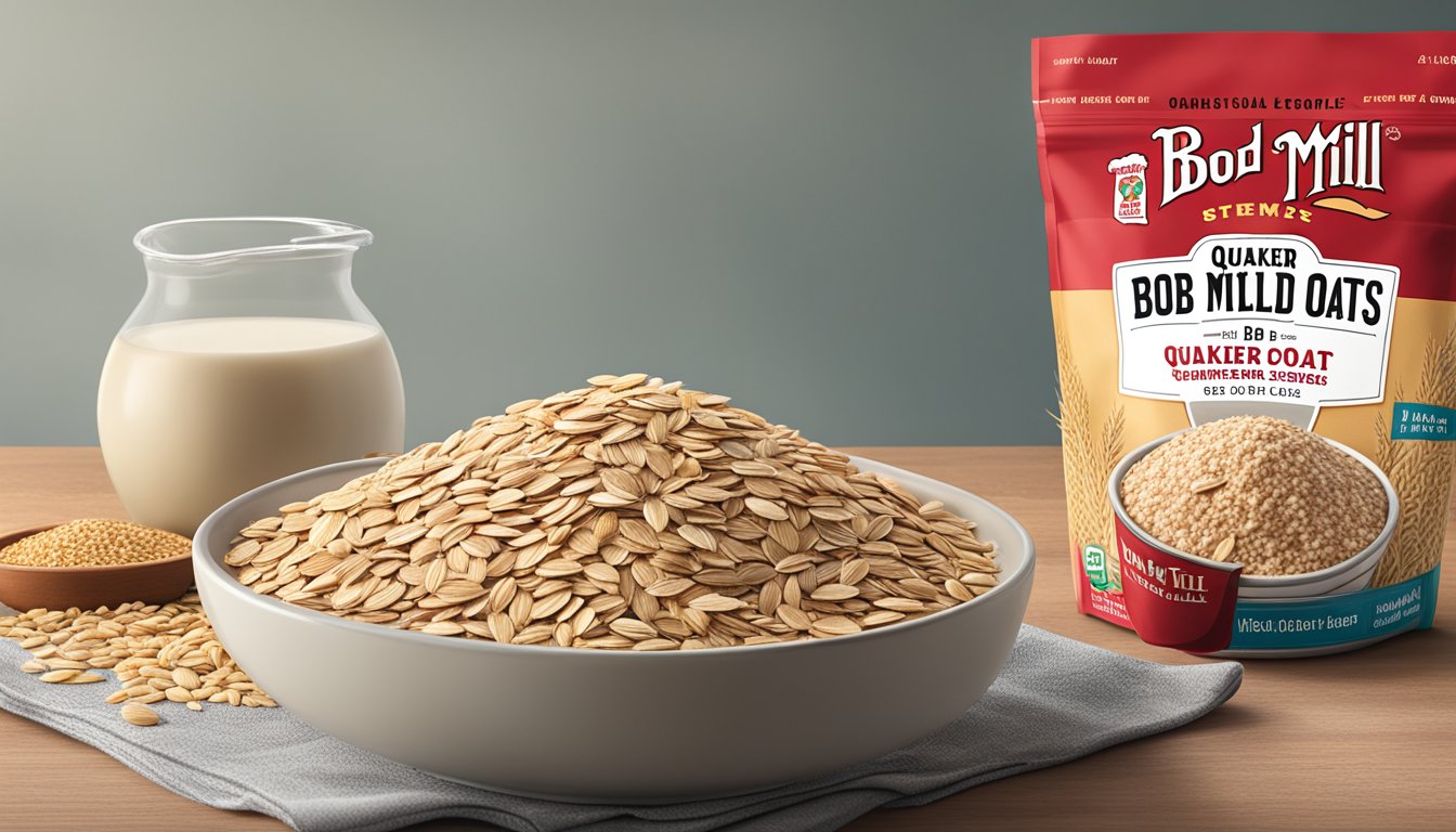 A bowl of Quaker oats and a bowl of Bob's Red Mill oats side by side, highlighting the difference in texture and color