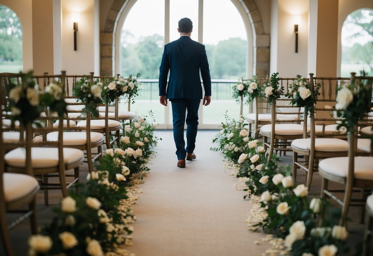 A lone figure walks down a flower-lined aisle towards a waiting destination