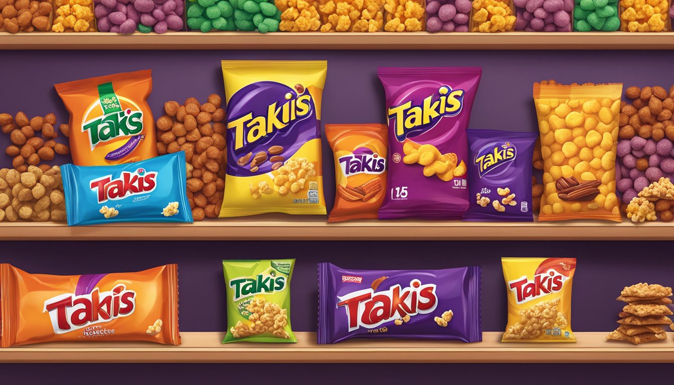 A bag of Takis sits on a shelf, surrounded by various snack alternatives such as popcorn, nuts, and fruit