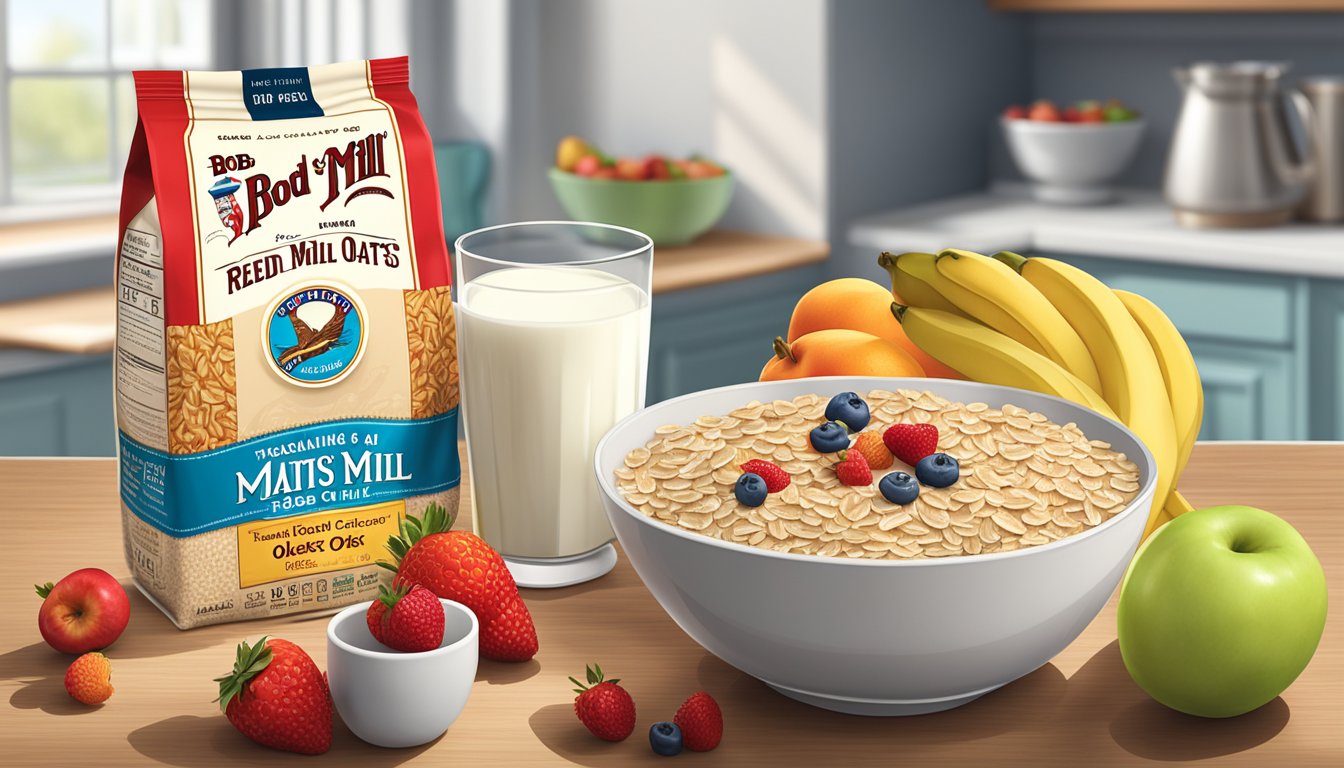 A bowl of Quaker Oats and a bag of Bob's Red Mill oats on a kitchen counter, surrounded by fresh fruits and a glass of milk