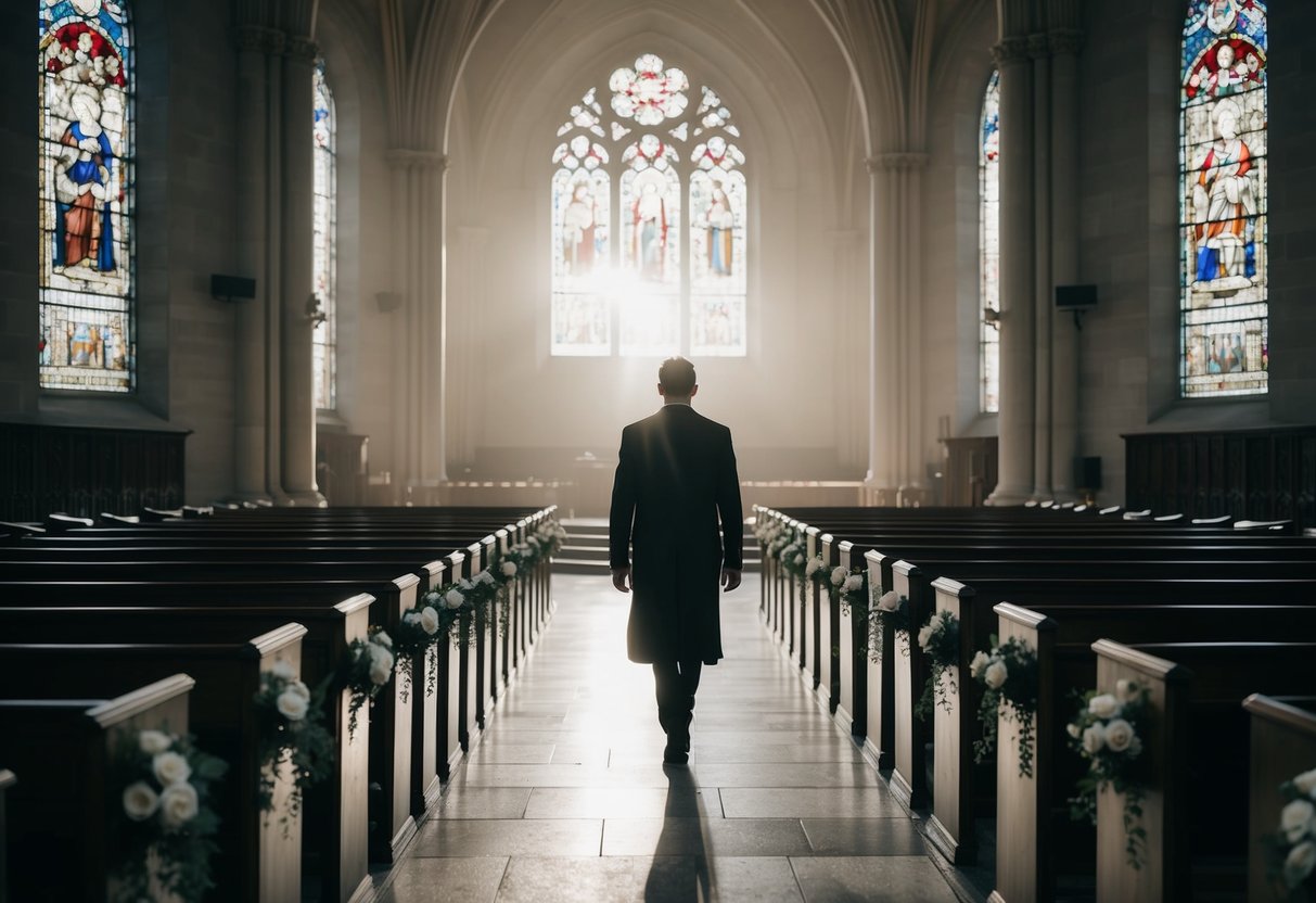 A lone figure walks down a flower-lined aisle in a grand, empty cathedral, with sunlight streaming through stained glass windows