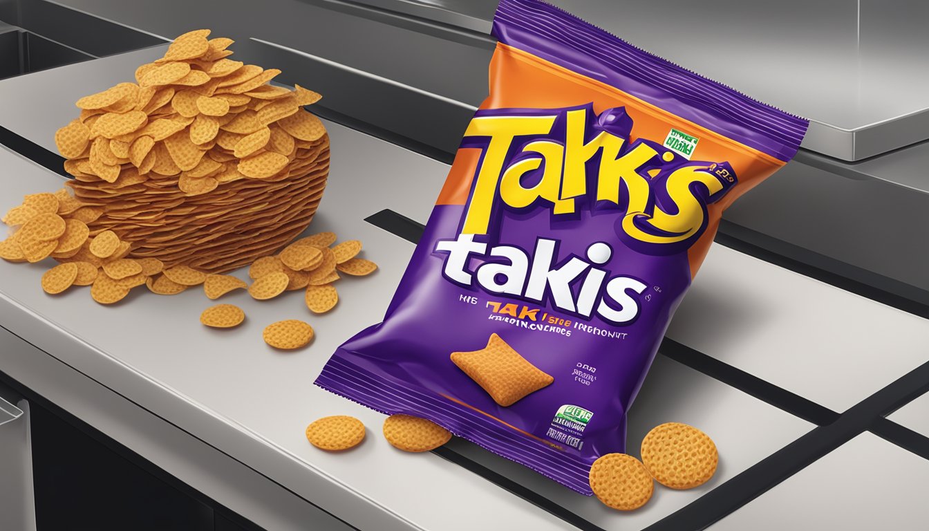 A bag of Takis sits on a kitchen counter, surrounded by snacks and a drink. The packaging is partially open, with a few chips spilling out onto the counter