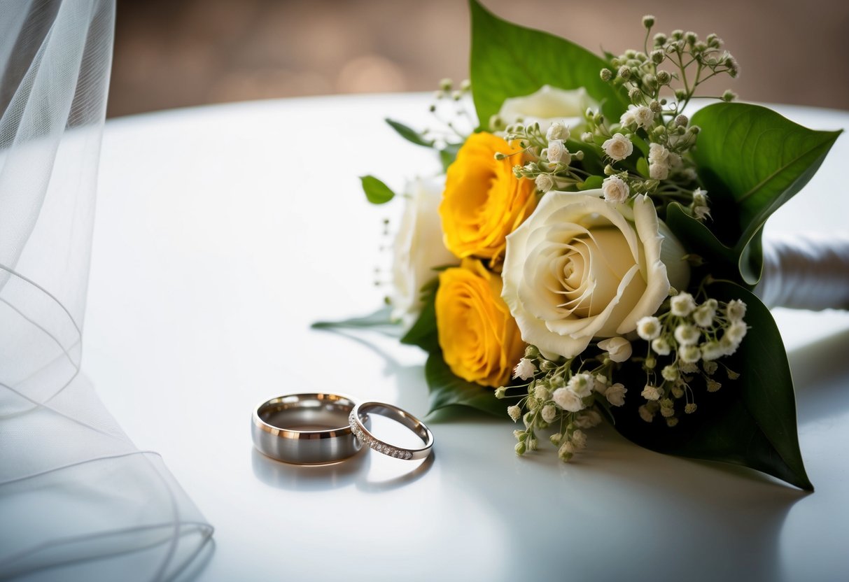 A wedding ring sits on a table next to a bridal bouquet and veil