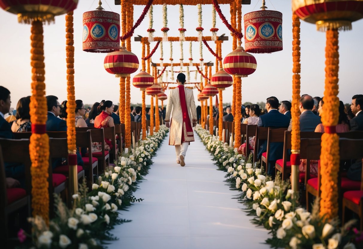 A lone figure walks down a flower-lined aisle, surrounded by traditional wedding decor and cultural symbols