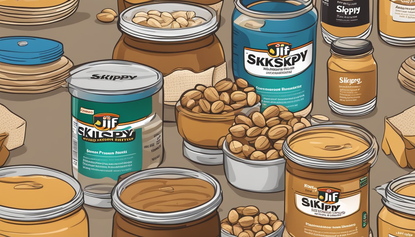 A table with open jars of Skippy and Jif peanut butter, surrounded by various nuts and nutrition labels