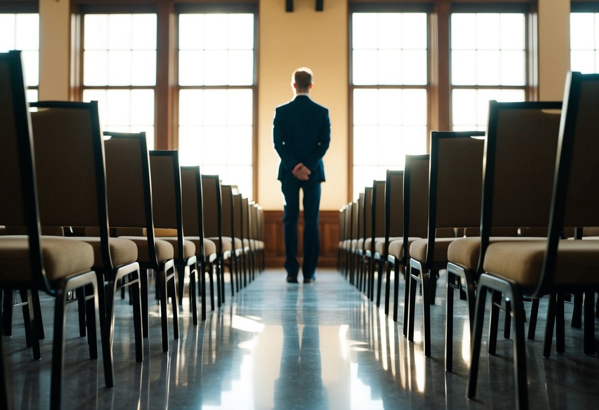 A lone figure stands at the end of a long aisle, framed by rows of empty chairs. The sunlight filters through the windows, casting a warm glow on the scene