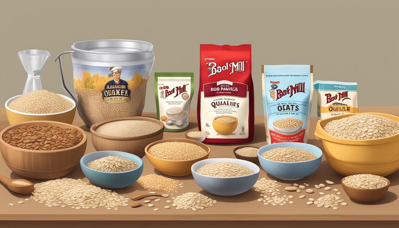 A table with bowls of Quaker Oats and Bob's Red Mill oats, surrounded by measuring cups, spoons, and bags of oats