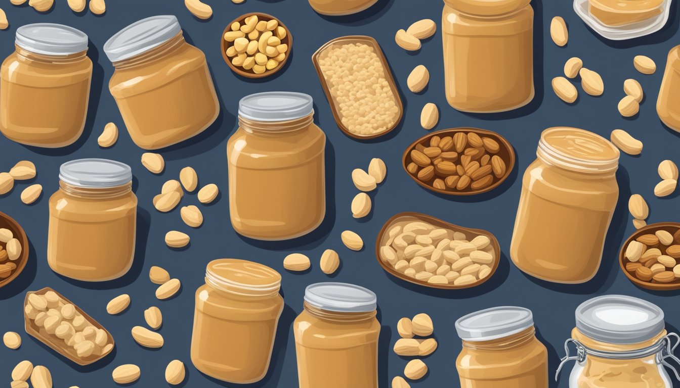 Two jars of peanut butter surrounded by peanuts and a variety of ingredients