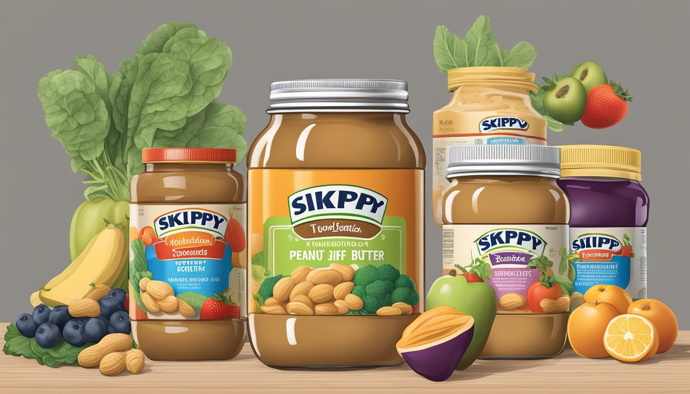 Two jars of peanut butter, Skippy and Jif, surrounded by various fruits, vegetables, and nutrition labels