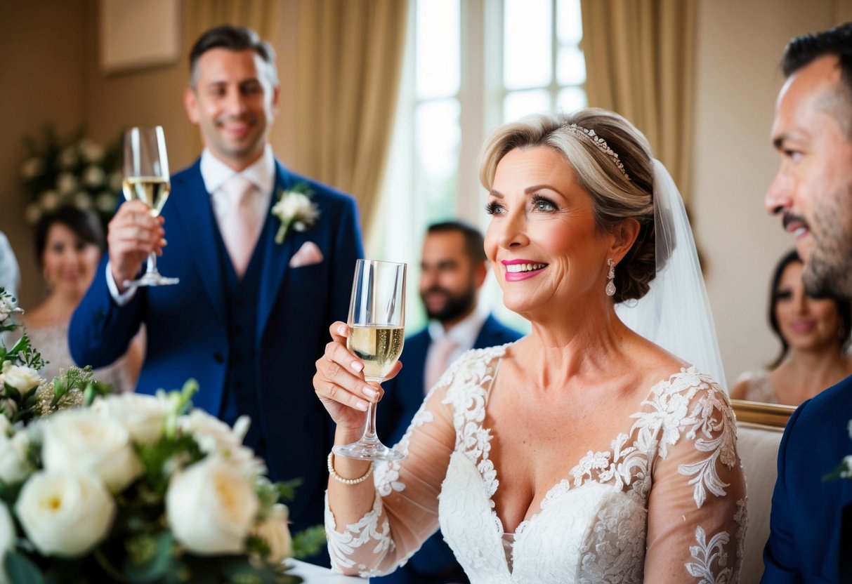 The mother of the bride raises her glass in a toast, her eyes filled with pride and joy as she speaks heartfelt words to the newlyweds