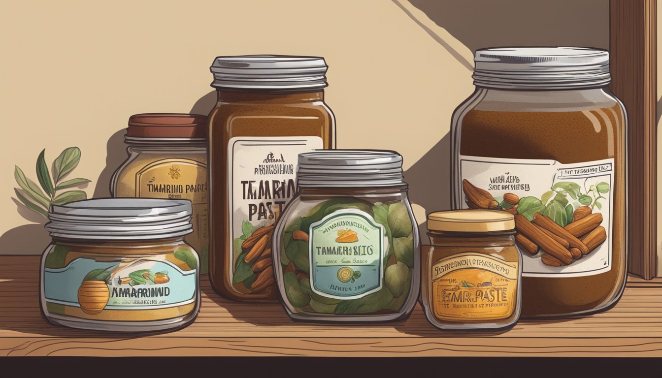 A jar of tamarind paste sits on a kitchen shelf, surrounded by various spices and condiments. The label on the jar indicates the expiration date