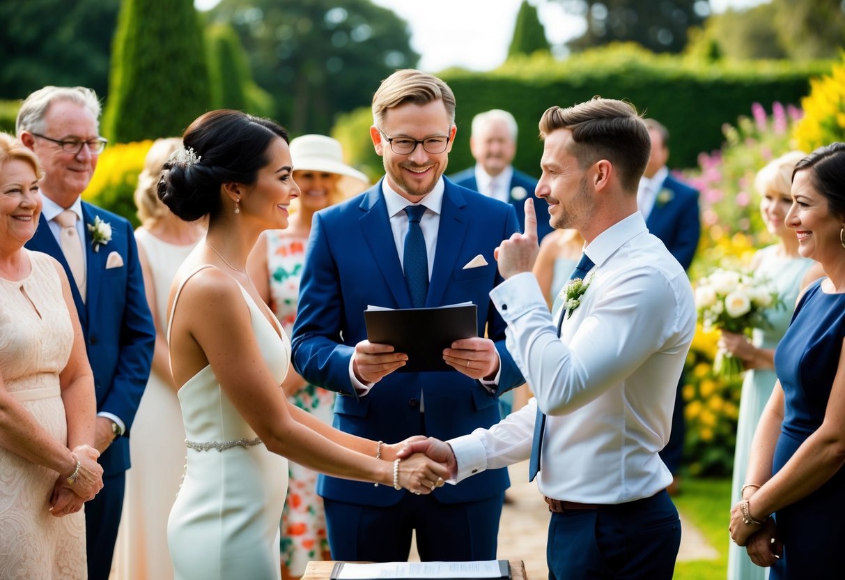 A couple stands before a registrar, exchanging meaningful glances and nodding in agreement, surrounded by friends and family in a beautiful garden setting