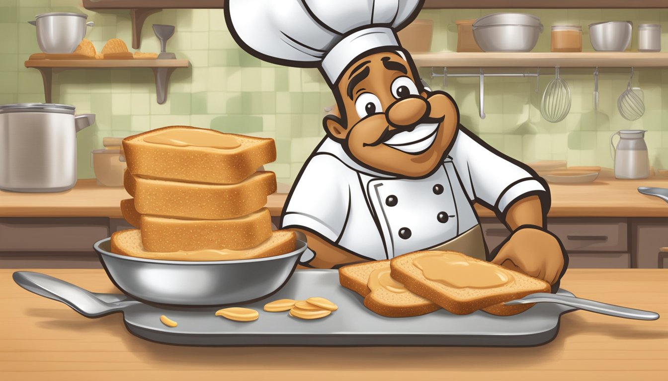 A chef spooning Skippy and Jif peanut butter onto separate slices of bread