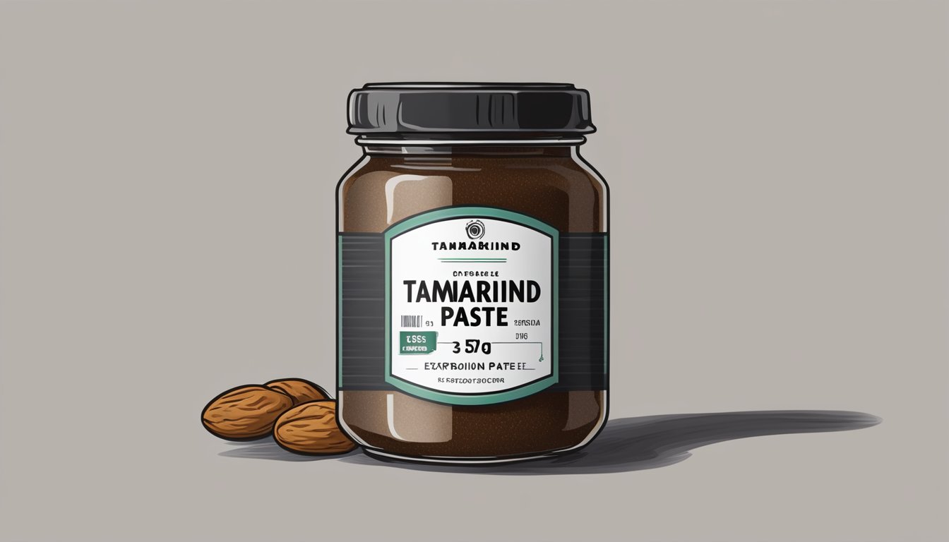 A tightly sealed jar of tamarind paste in a cool, dark pantry, with a visible expiration date on the label