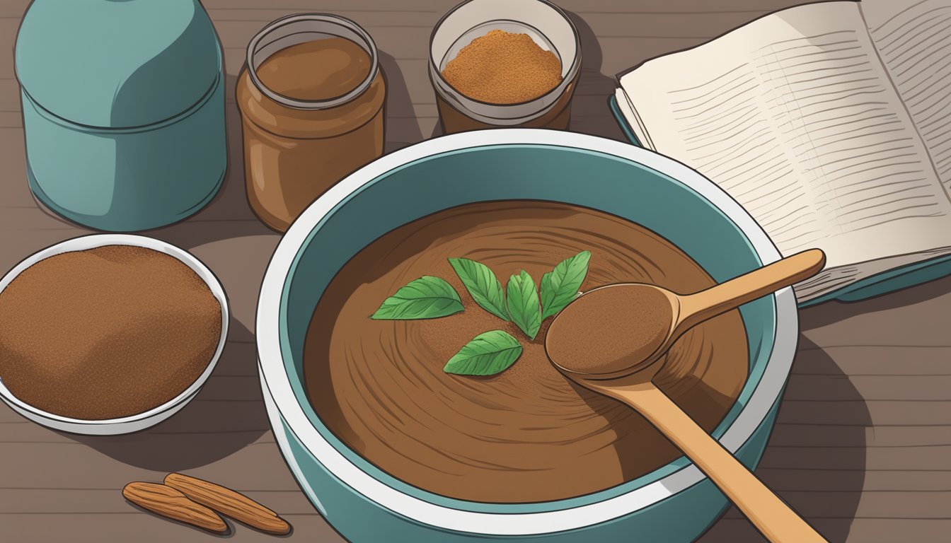 A jar of tamarind paste being carefully spooned out into a bowl, with a recipe book open nearby