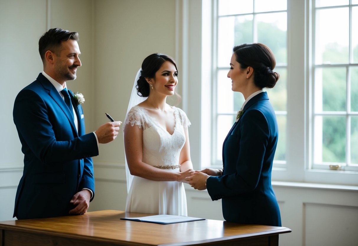 A couple stands before a registrar in a simple, elegant room with large windows. The registrar holds a pen and looks expectantly at the couple