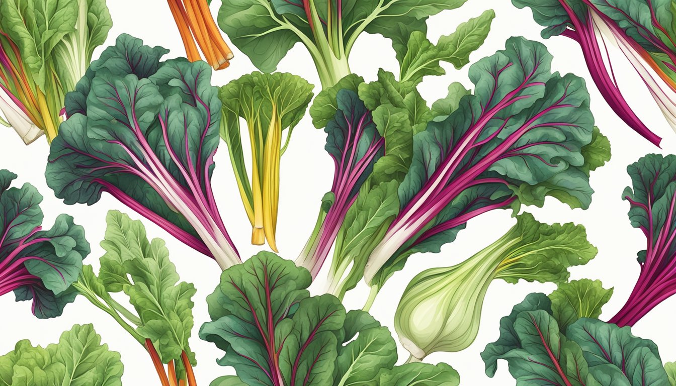 A fresh bunch of Swiss chard sits on a clean, white kitchen countertop, surrounded by other vibrant vegetables