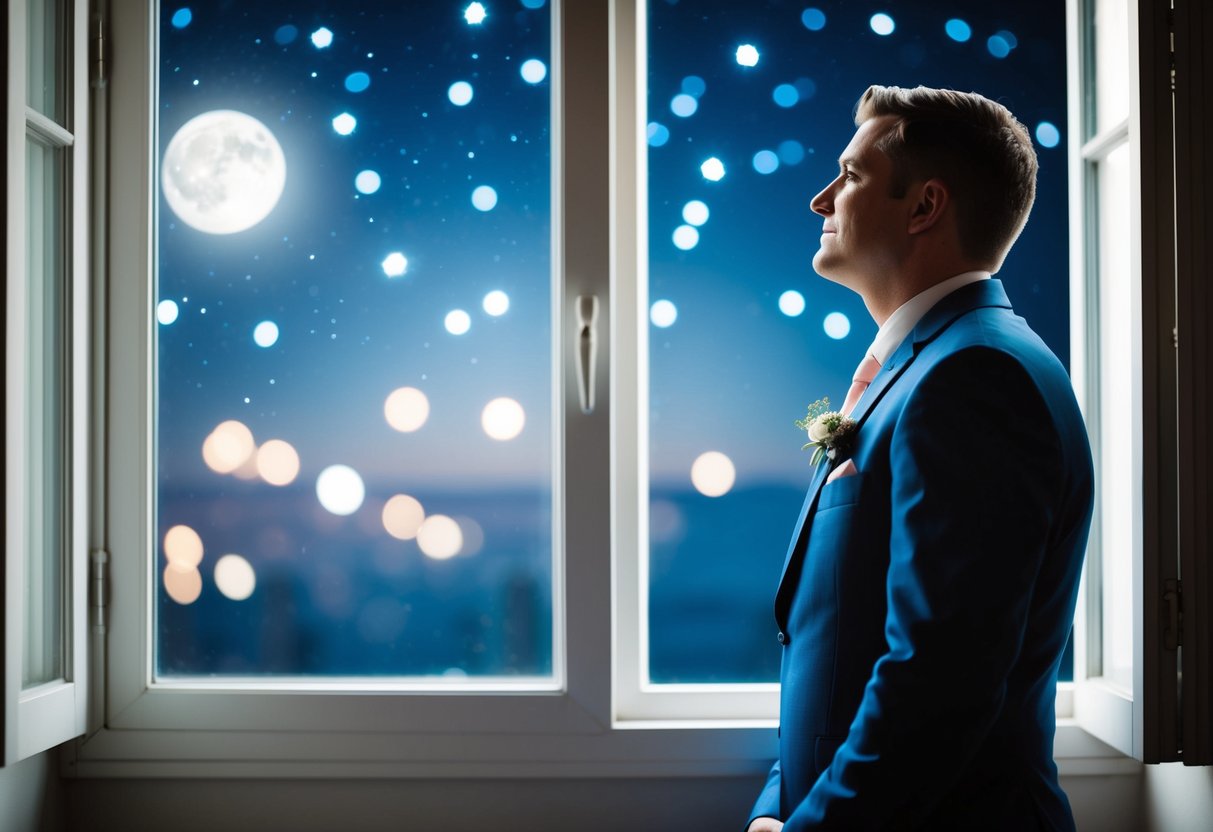 A groom standing outside a moonlit window, looking wistfully at the stars