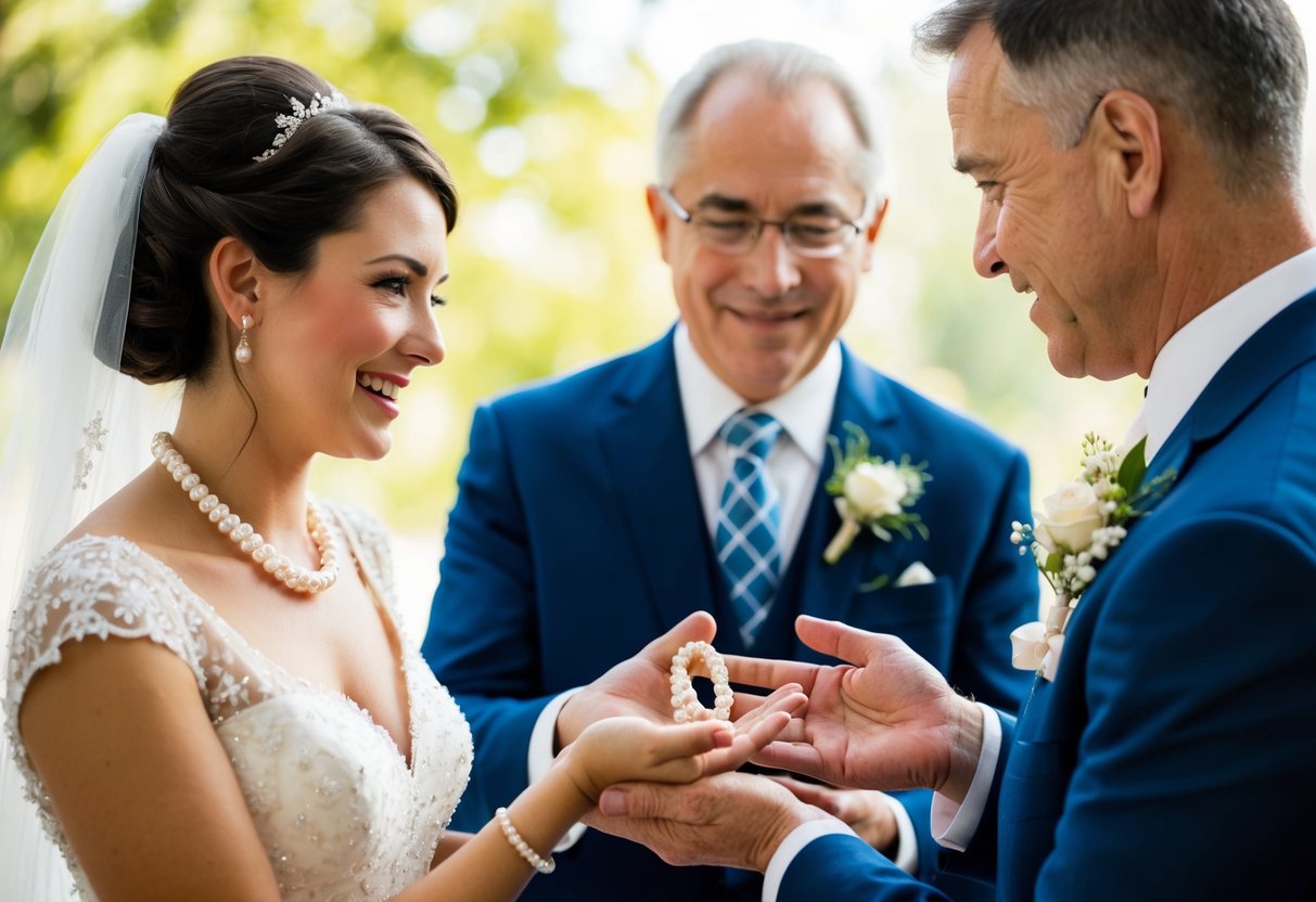 A father presents his daughter with a delicate pearl necklace for her wedding, carefully placing it in her open palm