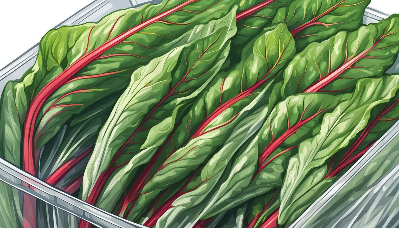 Fresh Swiss chard stored in a sealed plastic bag in the refrigerator