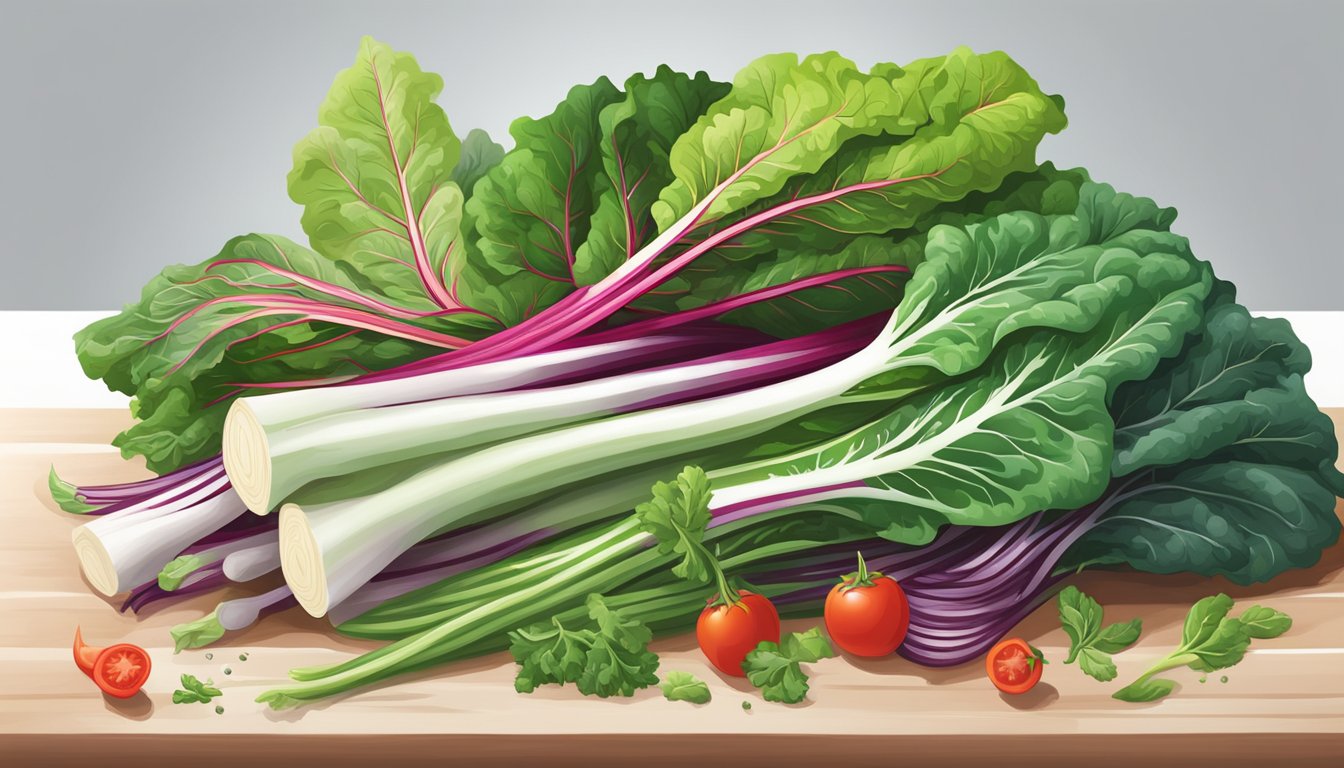 A vibrant bunch of Swiss chard sits on a clean, white cutting board, surrounded by colorful, fresh vegetables and herbs