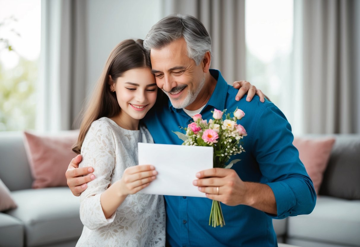 A father embracing his daughter with a warm smile, offering her a delicate bouquet of flowers and a heartfelt letter