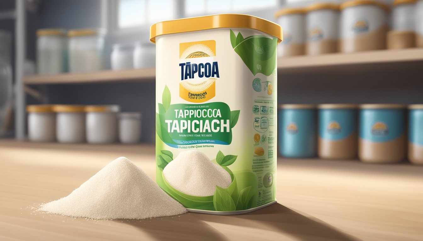 A sealed container of tapioca starch sits on a pantry shelf, away from direct sunlight and moisture