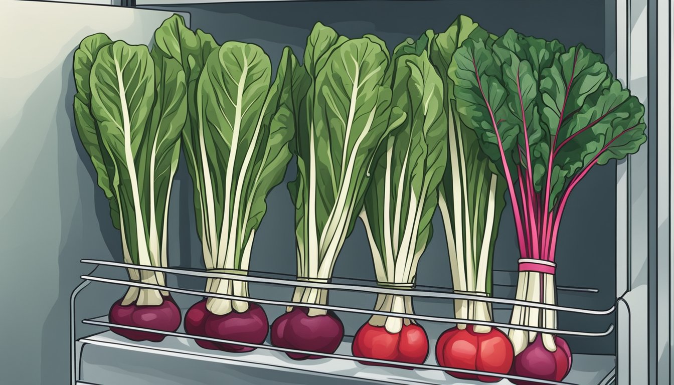 Fresh Swiss chard leaves in a refrigerator, alongside other vegetables