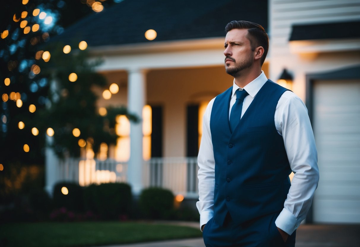 A groom standing alone outside a moonlit house, looking conflicted