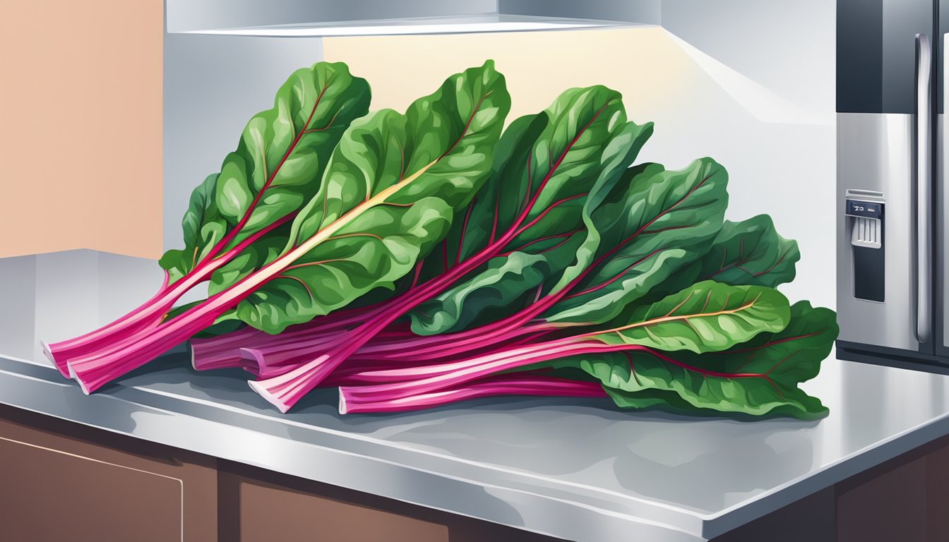 A bunch of fresh Swiss chard sits on a kitchen counter next to a refrigerator. The leaves are vibrant green and the stems are firm